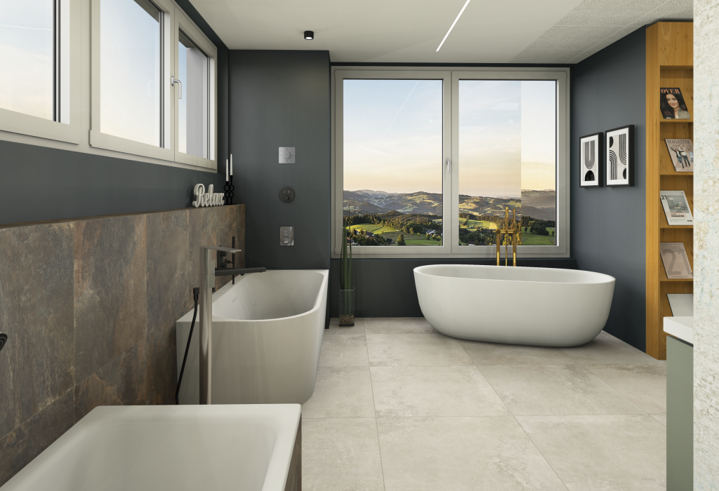 Badplanung: 3D-Visualisierung eines Badezimmers mit bodengleicher Dusche, Waschtisch und hellen Fliesen
